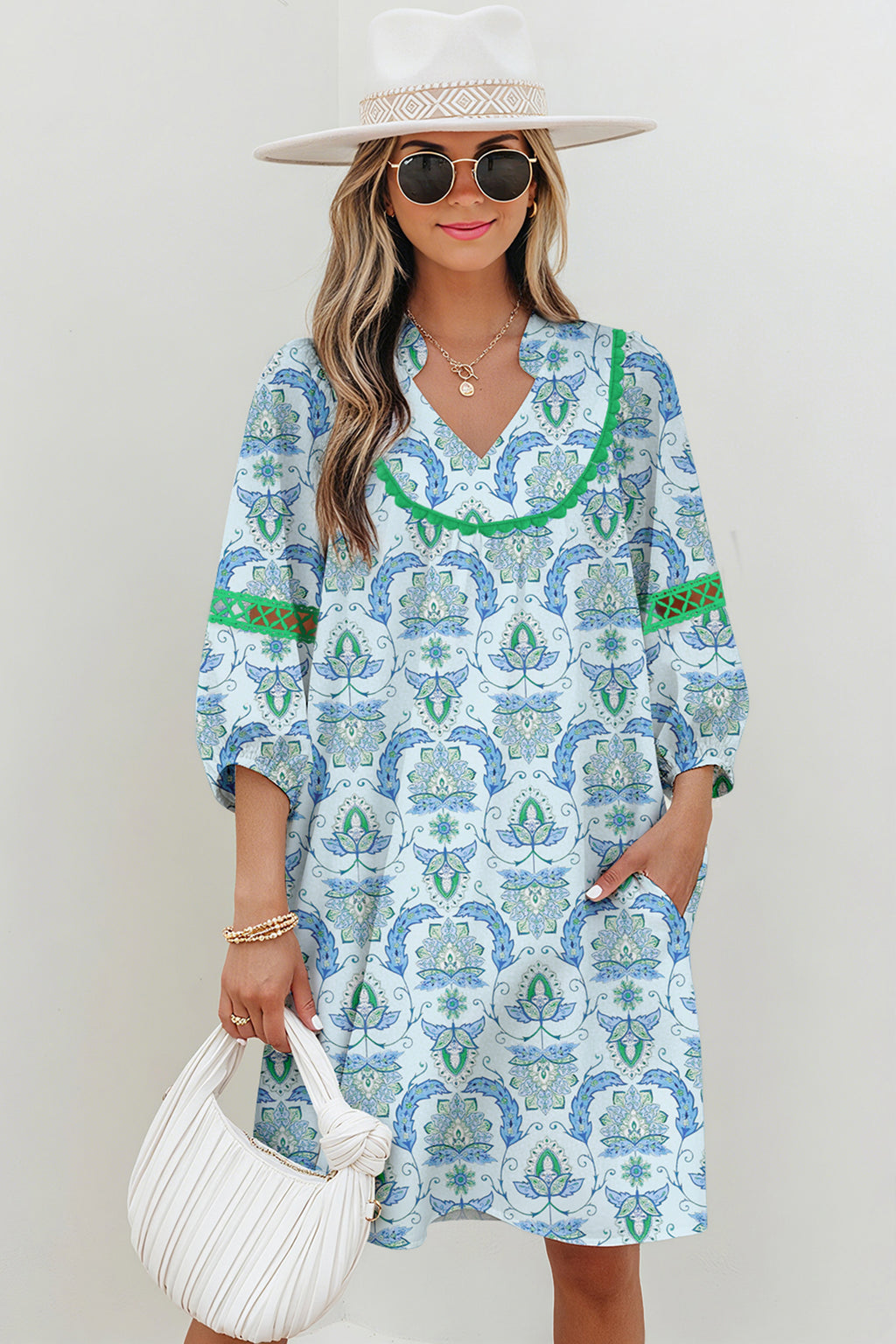 Sky Blue Boho Paisley Print Contrasted Patchwork Detail Bracelet Sleeve Loose Mini Dress