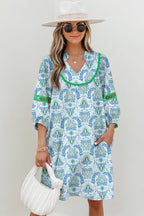 Sky Blue Boho Paisley Print Contrasted Patchwork Detail Bracelet Sleeve Loose Mini Dress