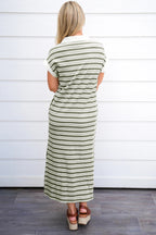 Green Stripe Collared V Neck Short Sleeve T Shirt Midi Dress with Pockets