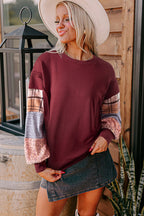Plaid Colorblock Patchwork Sleeve Raw Seam Sweatshirt