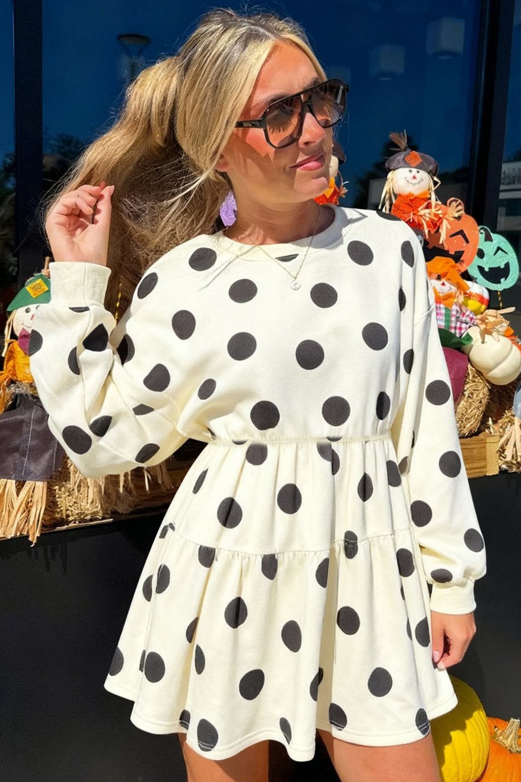Polka Dot Printed Long Sleeve Flared Mini Dress