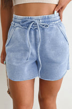 Mineral Washed Drawstring Elastic Waist Raw Cut Shorts
