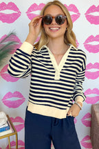 Blue Stripe Collared V Neck Long Sleeve Casual Top