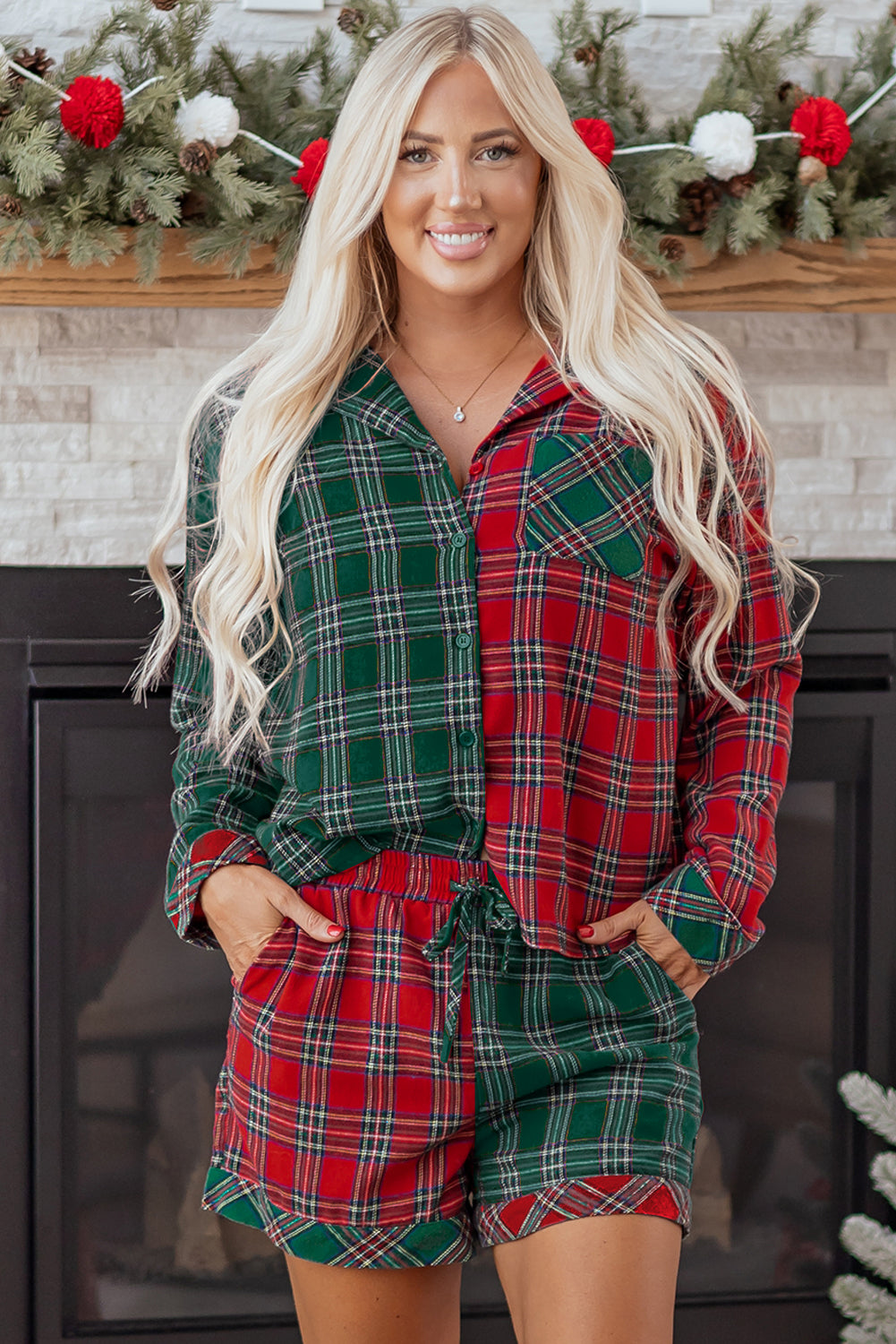 Plaid Contrast Patched Christmas Holiday Long Sleeve Shirt and Short 2pcs Pajama Set