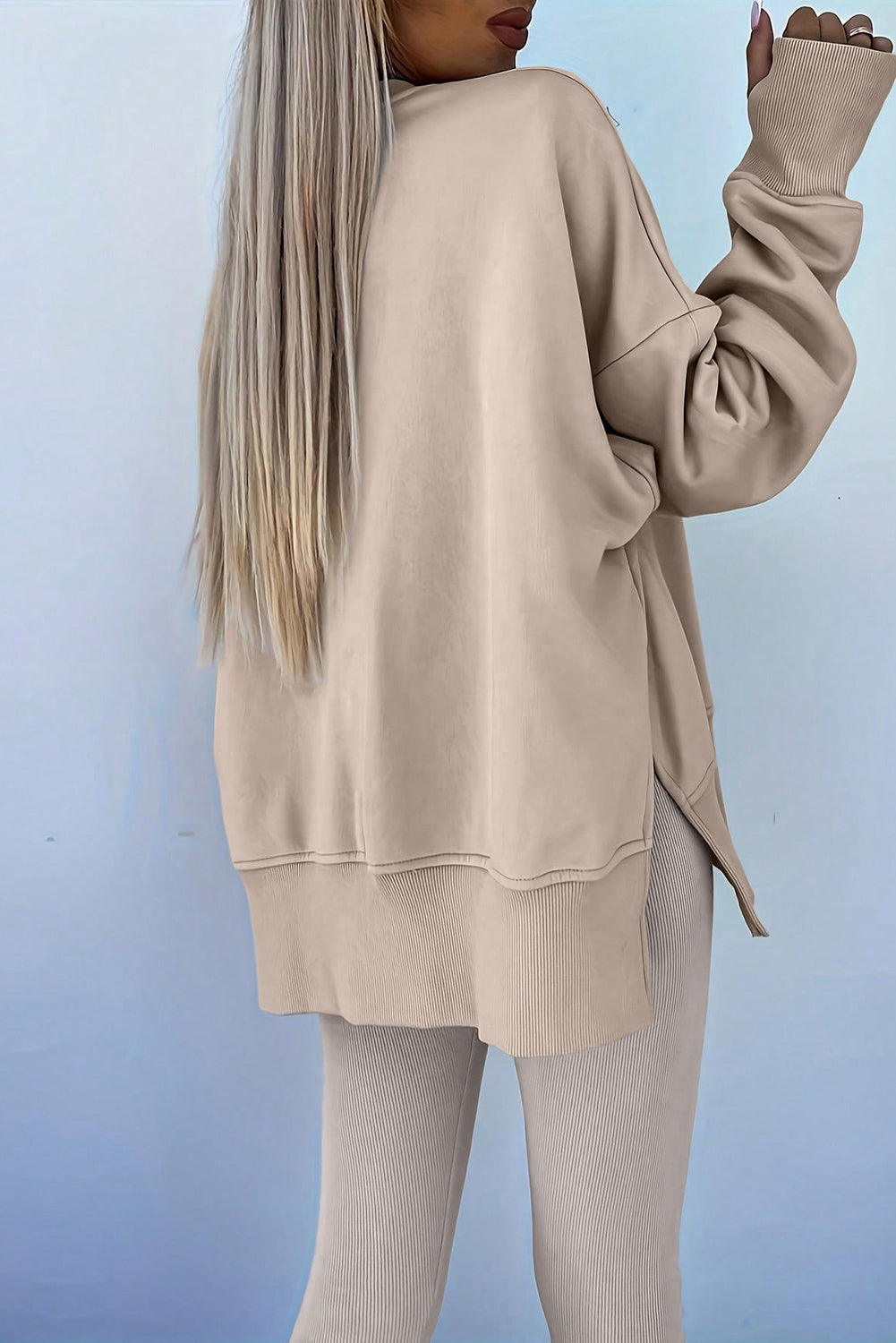 Solid Color Oversize Slit Sweatshirt Ribbed Leggings 2pcs Set