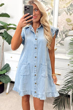 Beau Blue Ruffled Edge Collared Shift Denim Dress with Pockets