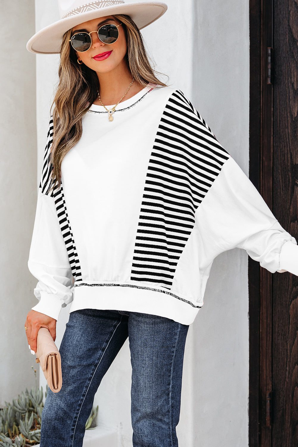 Green Stripe Colorblock Patchwork Contrast Stitching Oversize Sweatshirt