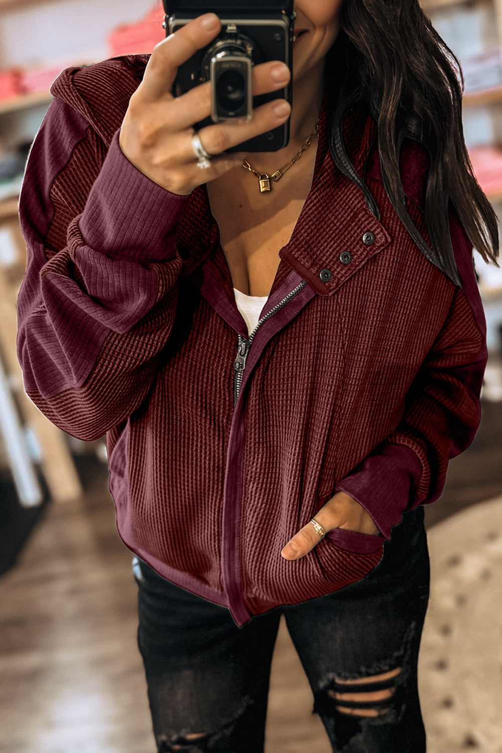 Waffle Splicing Zip Up Front Button Hooded Jacket