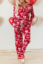 Red Sweet Bow Print Shirt Style Top Long 2pcs Pyjama Set