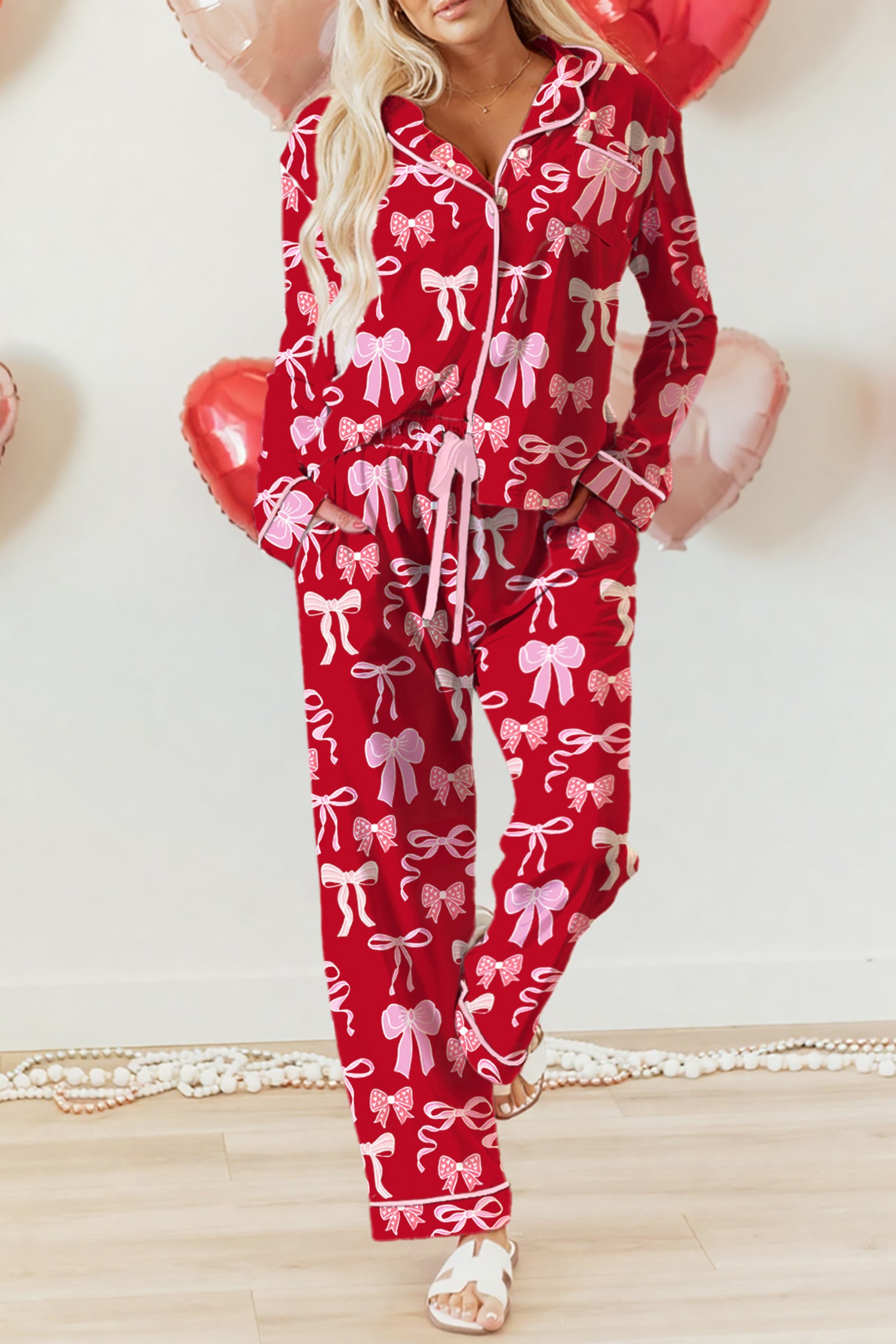 Red Sweet Bow Print Shirt Style Top Long 2pcs Pyjama Set