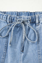 Beau Blue Drawstring Seam Detail Raw Hem Wide Leg Denim Pants