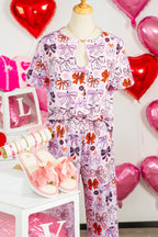 Pink Diverse Bows Buttons Printed Contrast Trim Short Sleeve Shirt Pajama Pant Set