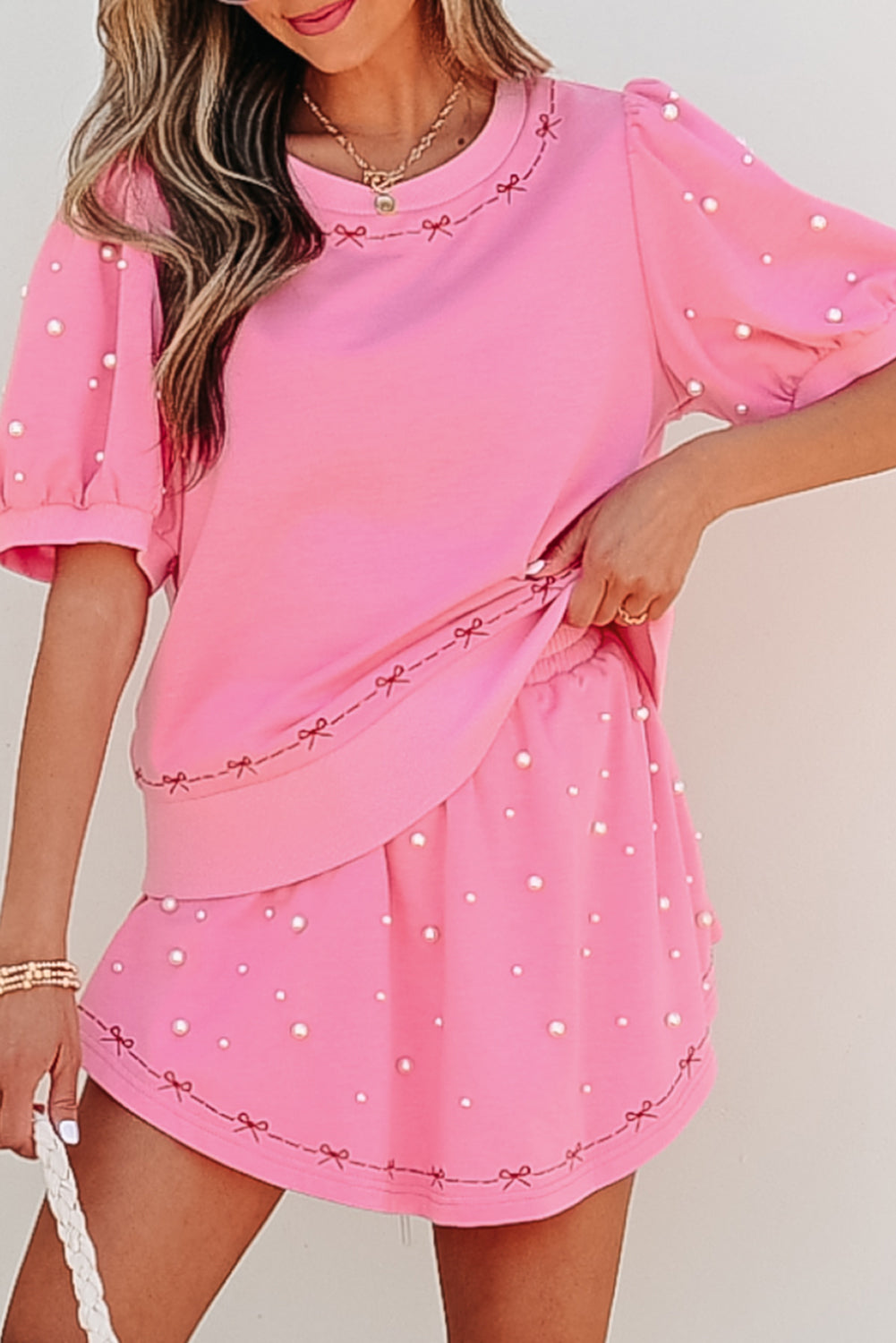 Pink Contrast Bow Trim Pearl Puff Sleeve Blouse and Skort 2pcs Set