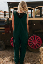 Evergreen Corduroy V Neck Patched Pocket Sleeveless Jumpsuit