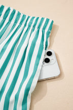 Green Stripe Contrast Ricrac Trim Long Sleeve Shirt Drawstring Ruffled Pyjama Short Set