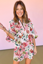 Red Floral Contrast Striped V Neck Puff Half Sleeve Shift Dress