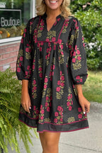 Black Floral Print Notched Neck Piping Trim Bracelet Sleeve Babydoll Dress