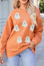 Orange Twisted Ribbed Texture Halloween Ghost Sequin Patched Sweatshirt
