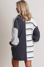 Black Stripe Colorblock Knit Henley Collar Shift Long Sleeve Mini Dress