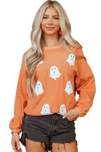 Orange Twisted Ribbed Texture Halloween Ghost Sequin Patched Sweatshirt