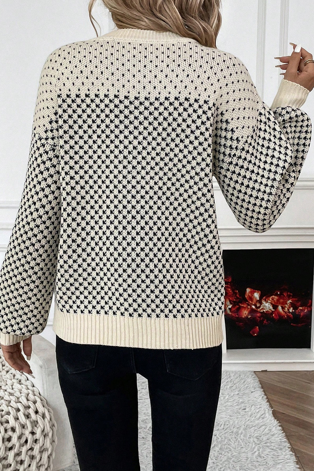 Black Contrast Color Pattern Lantern Sleeve Sweater