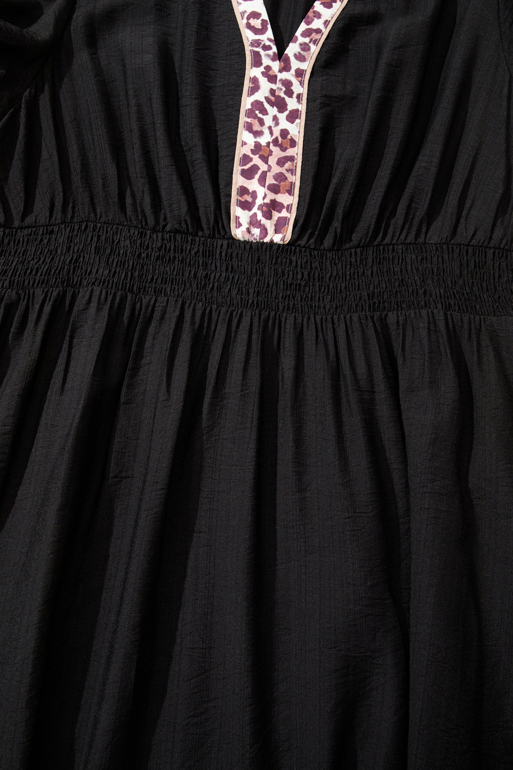 Black Leopard V Neck Patchwork Smocked Waist Plus Size Ruffled Dress