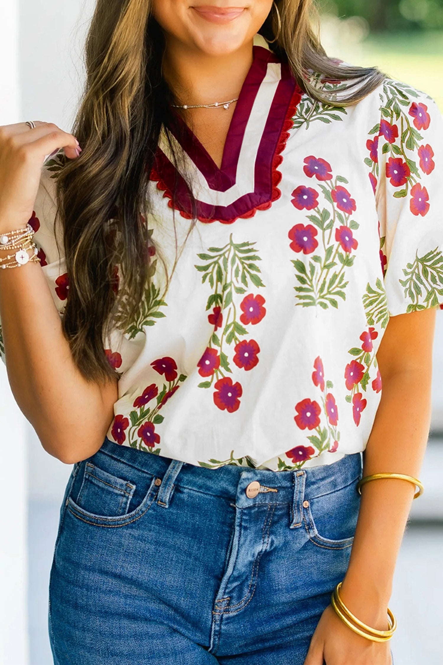 Floral Short Bubble Sleeve Contrast Slit Neckline Blouse
