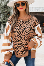 Purple Stripe Color Block Patchwork Leopard Casual Sweatshirt with Slits