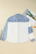 Sky Blue Leopard Striped Patchwork Casual Plus Size Shirt