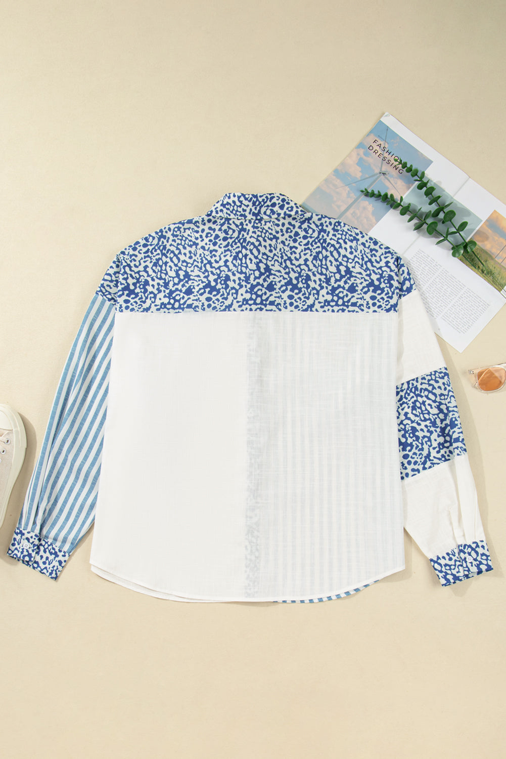Sky Blue Leopard Striped Patchwork Casual Plus Size Shirt