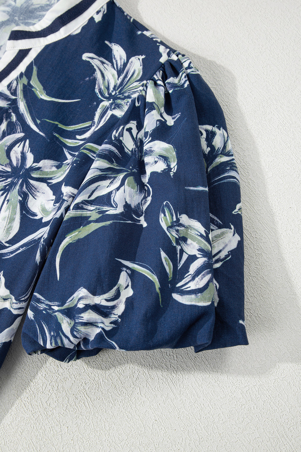 Blue Floral Print Short Puff Sleeve Striped Trim V Neck Blouse