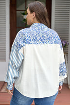 Sky Blue Leopard Striped Patchwork Casual Plus Size Shirt