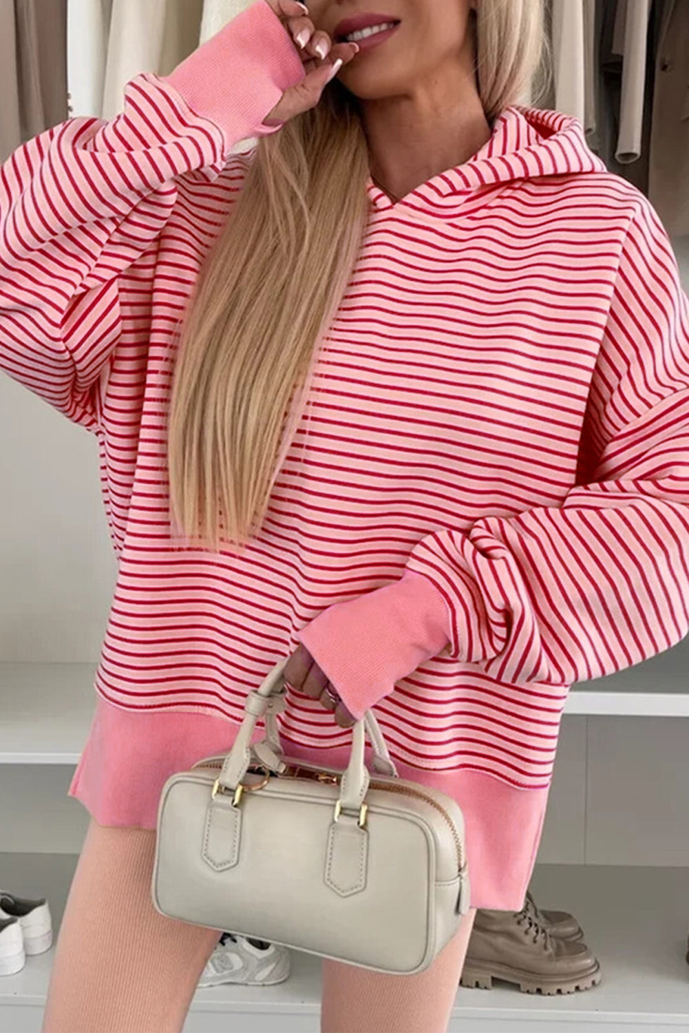 Striped Thumbhole Side Slits Drop Shoulder Loose Fit Hoodie