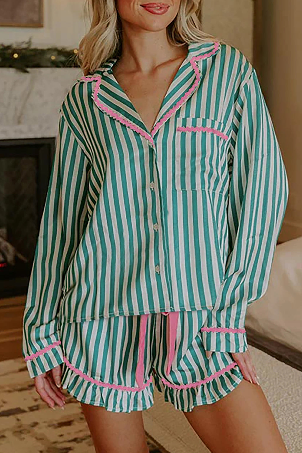 Green Stripe Contrast Ricrac Trim Long Sleeve Shirt Drawstring Ruffled Pyjama Short Set