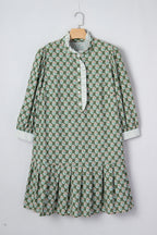 Green Contrast Striped Frilled Collar 3/4 Sleeve Plus Size Floral Dress
