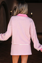 Striped Collared V Neck Drop Shoulder Pullover and Skort 2pcs Outfit
