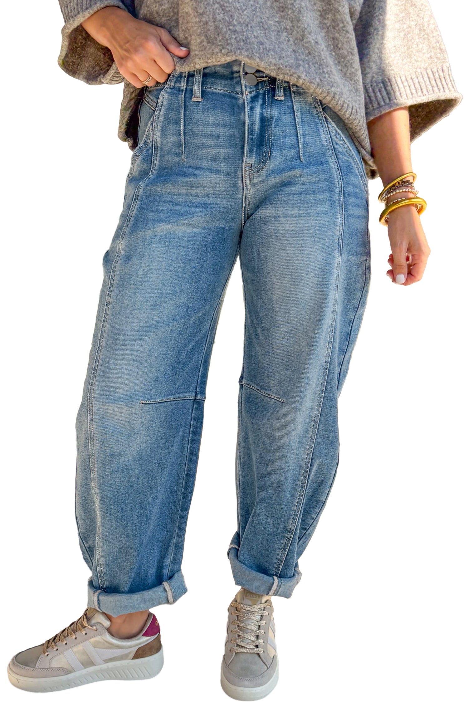 Sky Blue Medium Wash Cuffed Barrel Jeans