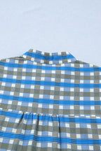 Sky Blue Plaid Long Sleeve Frilled Detail Half Button Blouse
