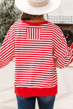 Orange Stripe Exposed Seam Drop Shoulder Casual Pullover Top