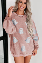 Black Halloween Ghost Corded Crew Neck Loose Sweatshirt