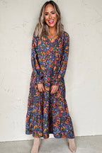 Blue Floral Print Tassel Tie V Neck Long Sleeve Flowy Long Dress