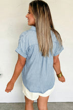 Sky Blue Stripe Cuffed Short Sleeve Button up Loose Shirt