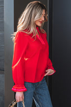 Striped Trim Ruffle Split Neck Long Sleeve Blouse