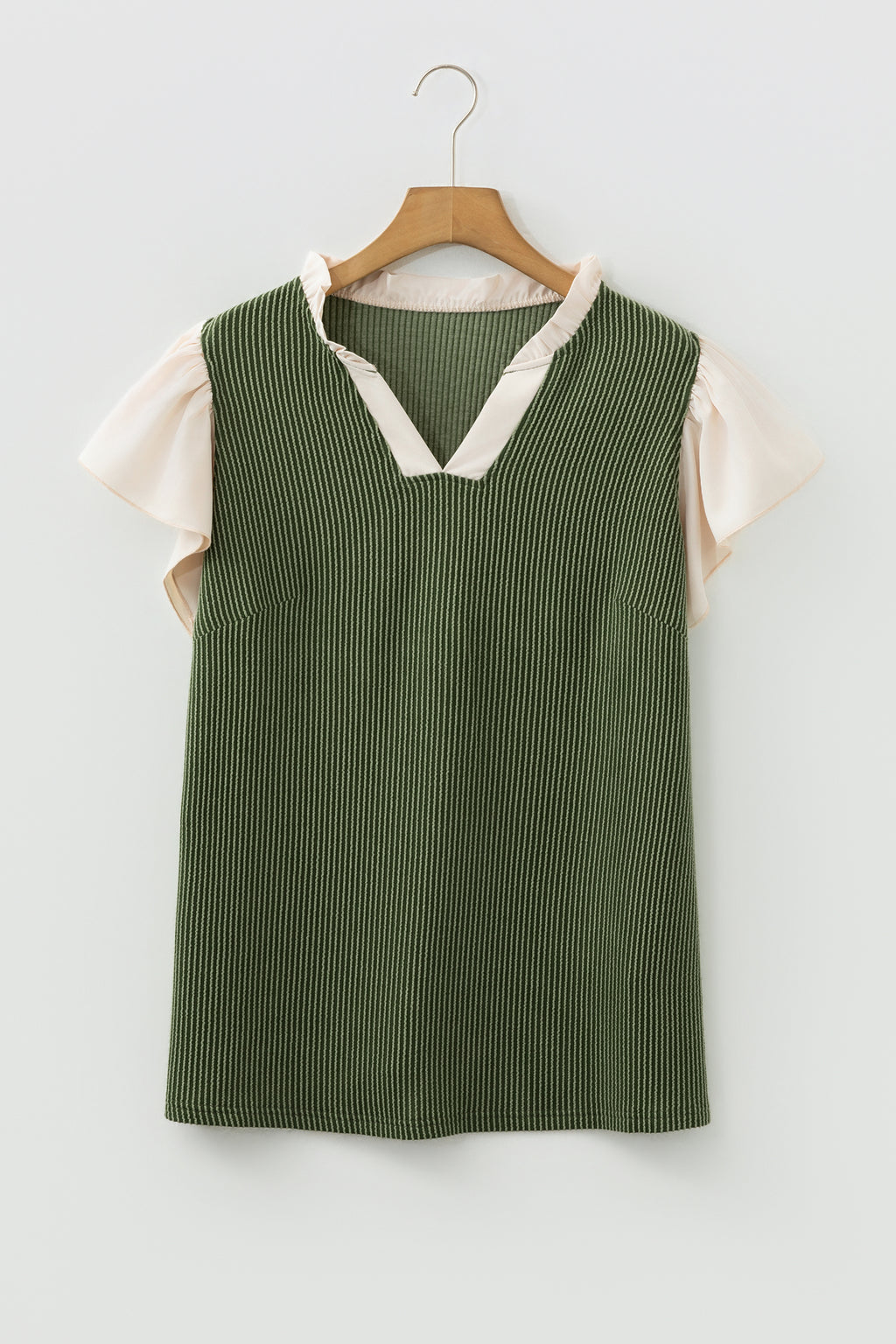 Plus Size Contrast Frilled Neckline Ruffled Short Sleeve Ribbed Textured Blouse