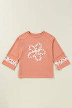 Grapefruit Orange Flower Patch Graphic Exposed Seam Wide Sleeve Top