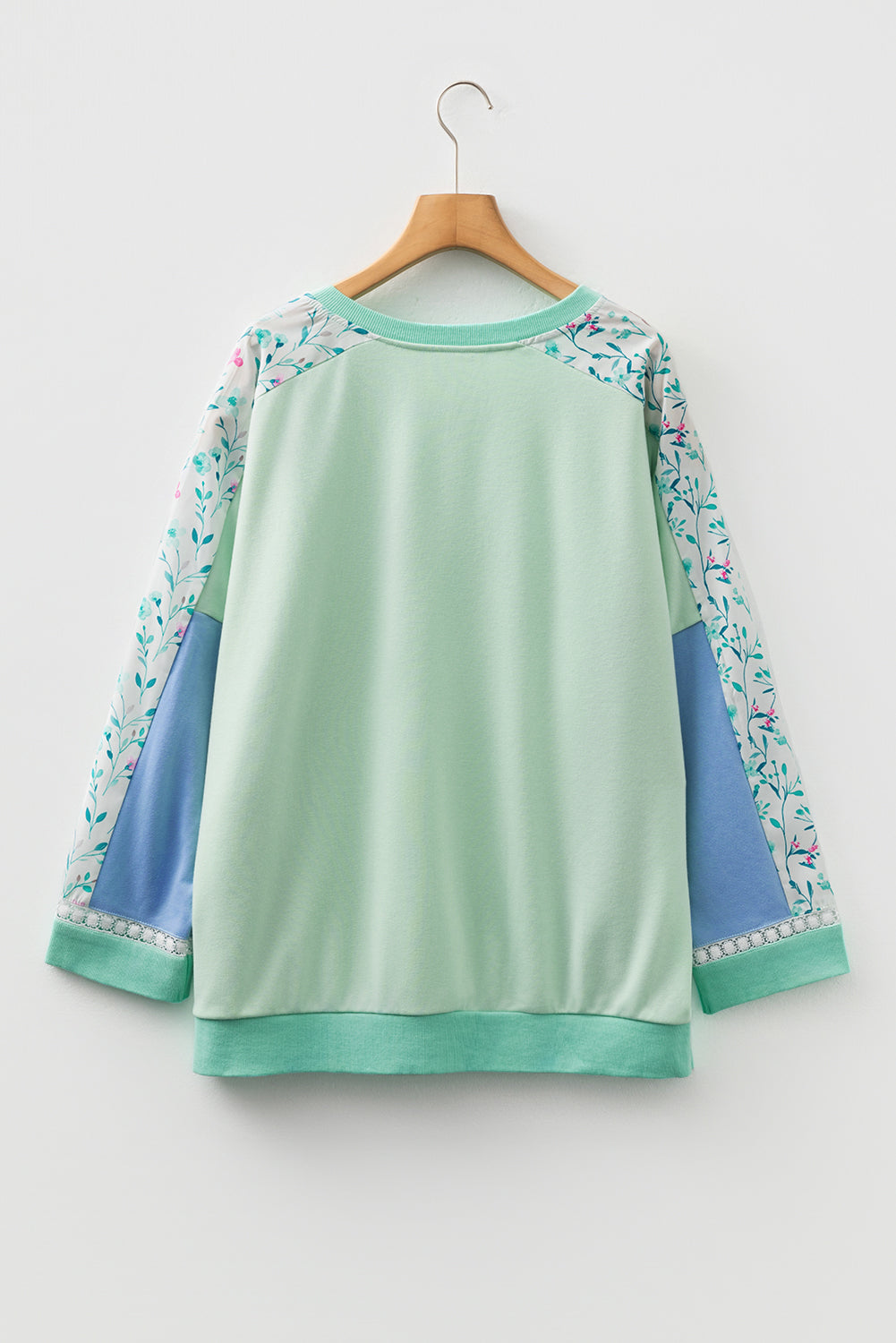 Green Color Block Floral Patchwork Long Sleeve Notched Neck Plus Size Top