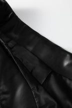 Black Faux Leather Retro Buckle Detail Pleated Stitch Flared Midi Skirt