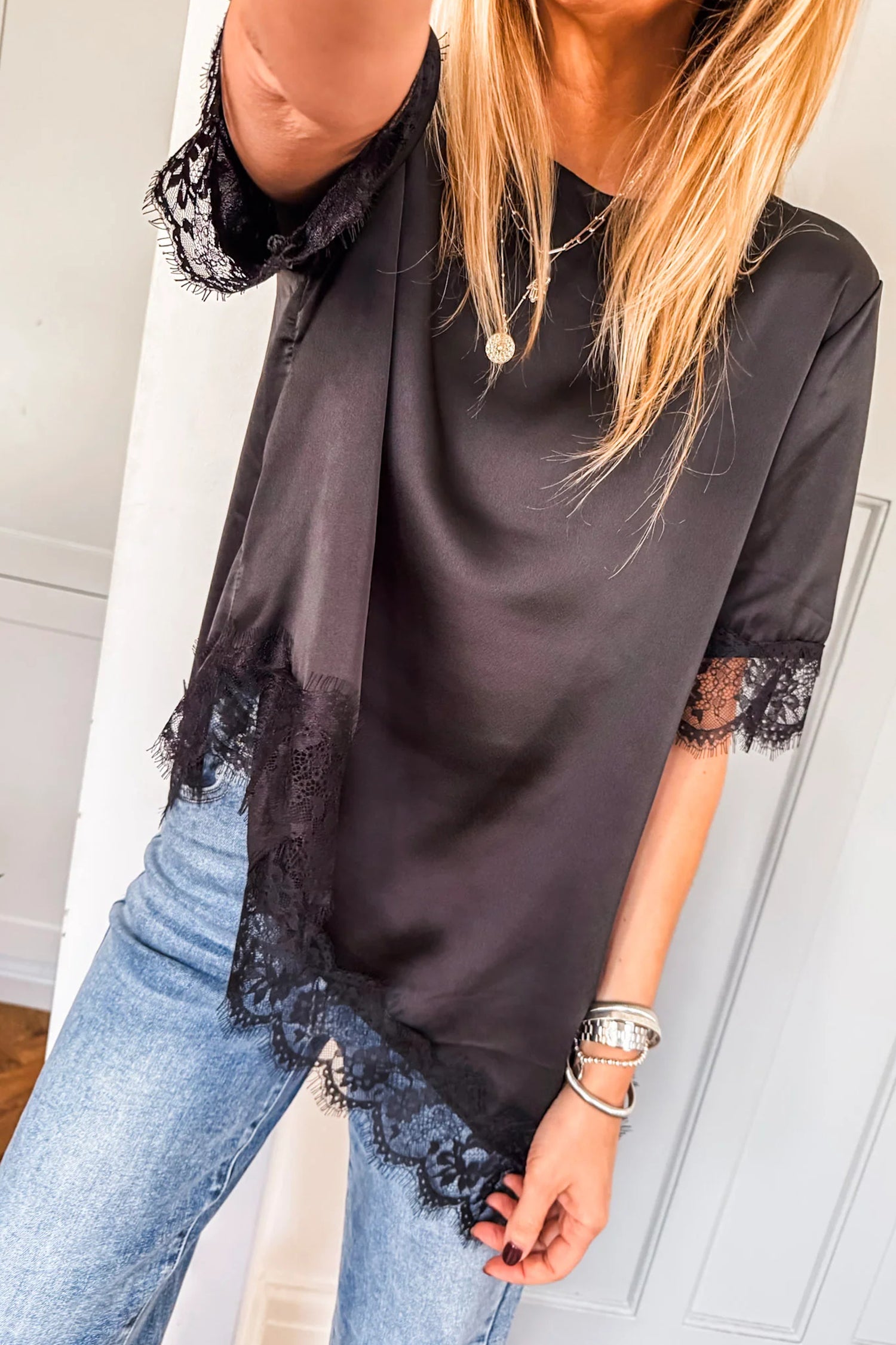 Black Asymmetric Lace Trim Short Sleeve Satin Top