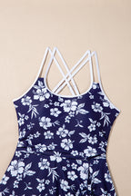 Blue Crossed Back Floral Print Asymmetric Knot Side One Piece Swimsuit
