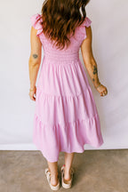 Pink Smocked Bodice Flutter Sleeve Fit Flare Tiered Midi Dress